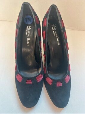 Massimo Baldi Black Suede Heels with Burgundy Ribbon Trim